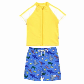 Boys Short Sleeve Zipper Rash Guard and Swim Trunk Set | "Sea Animal