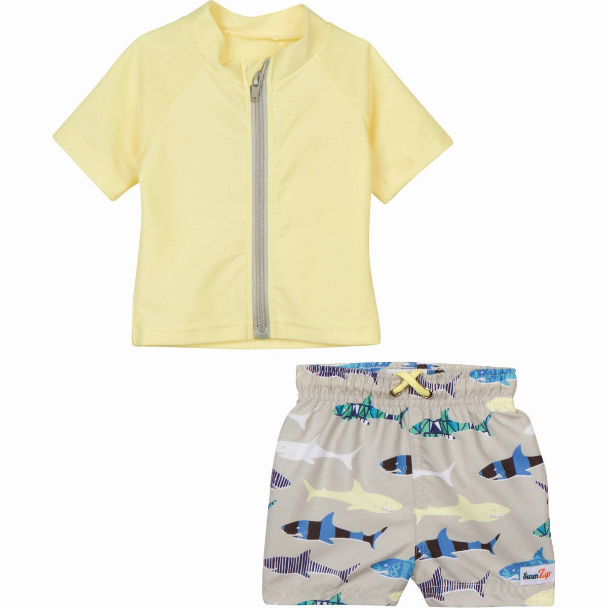 Boys Short Sleeve Zipper Rash Guard and Swim Trunk Set | "Shark Feast"