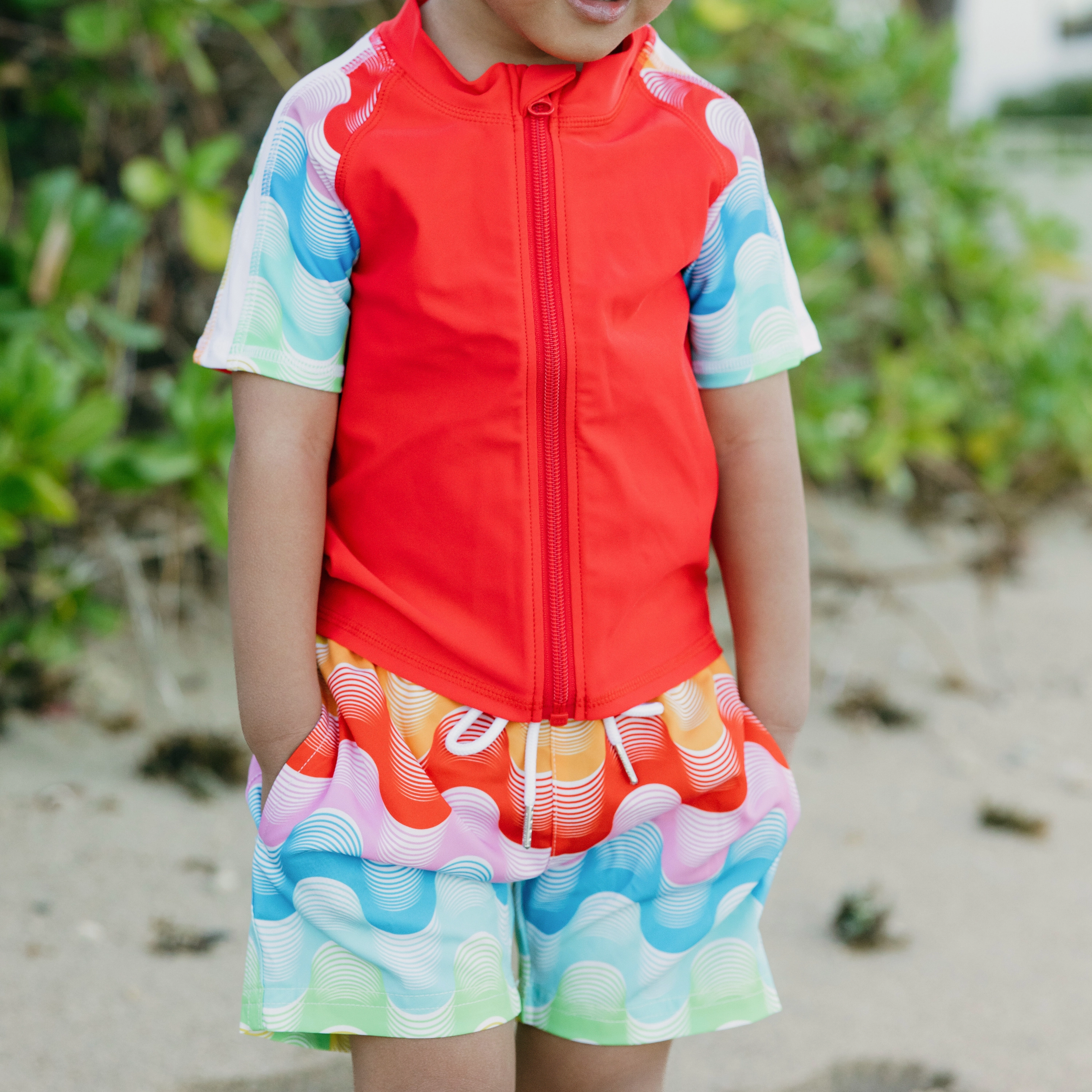 Boys Short Sleeve Zipper Rash Guard and Swim Trunk Set | "Surf's Up"