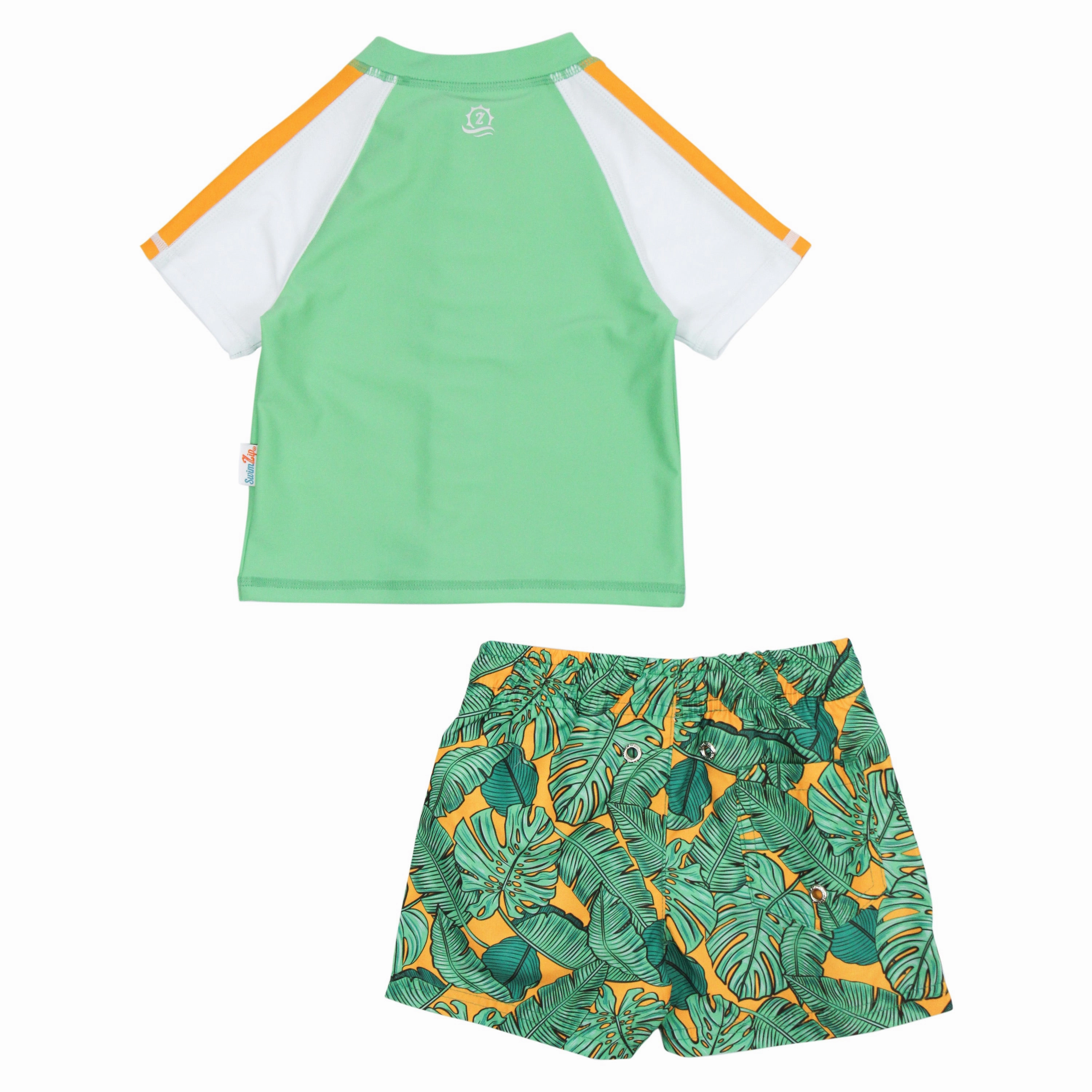 Boys Short Sleeve Zipper Rash Guard and Swim Trunk Set | "The Tropics"