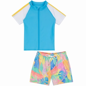 Boys Short Sleeve Zipper Rash Guard and Swim Trunk Set | "Vibrant Vacay"