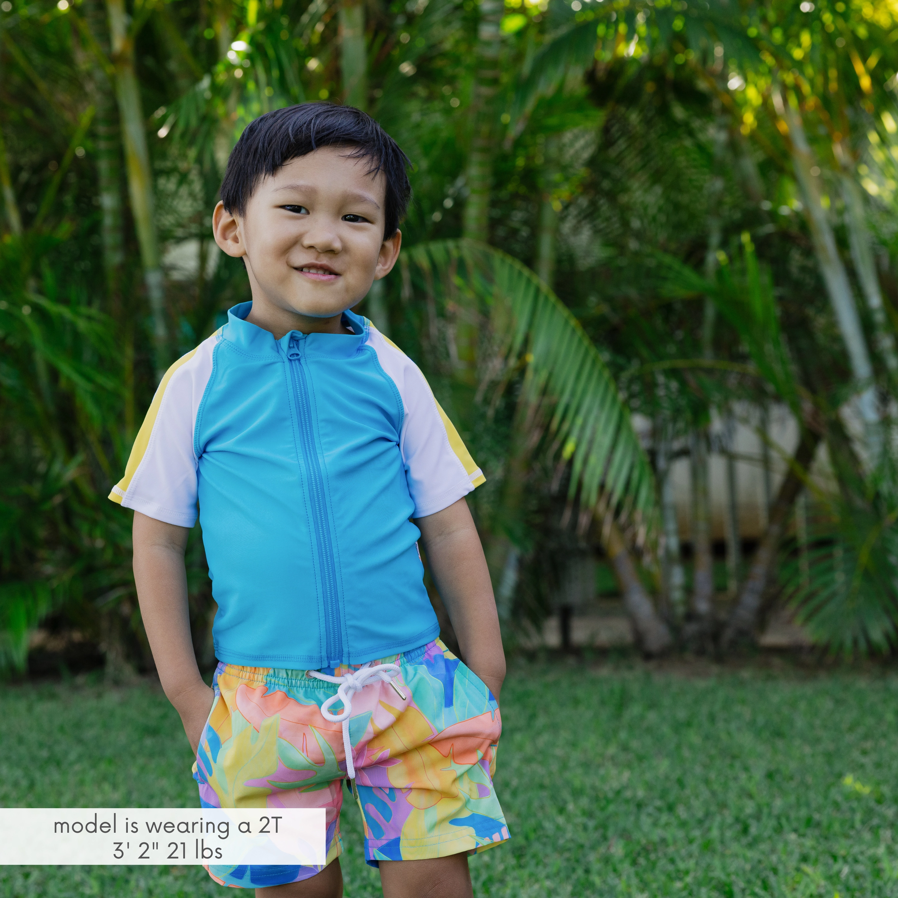 Boys Short Sleeve Zipper Rash Guard and Swim Trunk Set | "Vibrant Vacay"