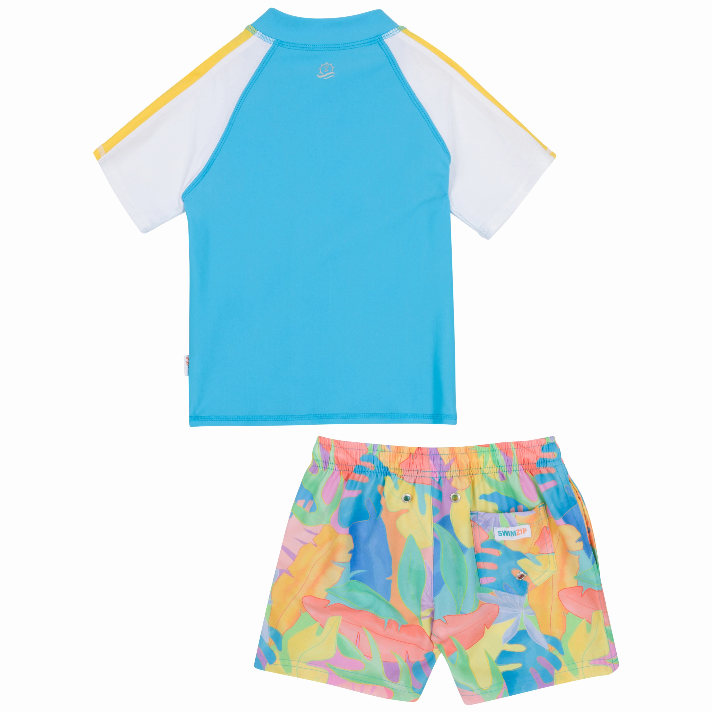 Boys Short Sleeve Zipper Rash Guard and Swim Trunk Set | "Vibrant Vacay"