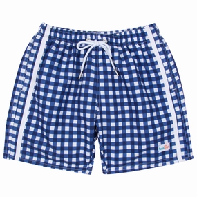 Boys Swim Trunks Boxer Brief Liner (Sizes 6-14) | "Navy Gingham"