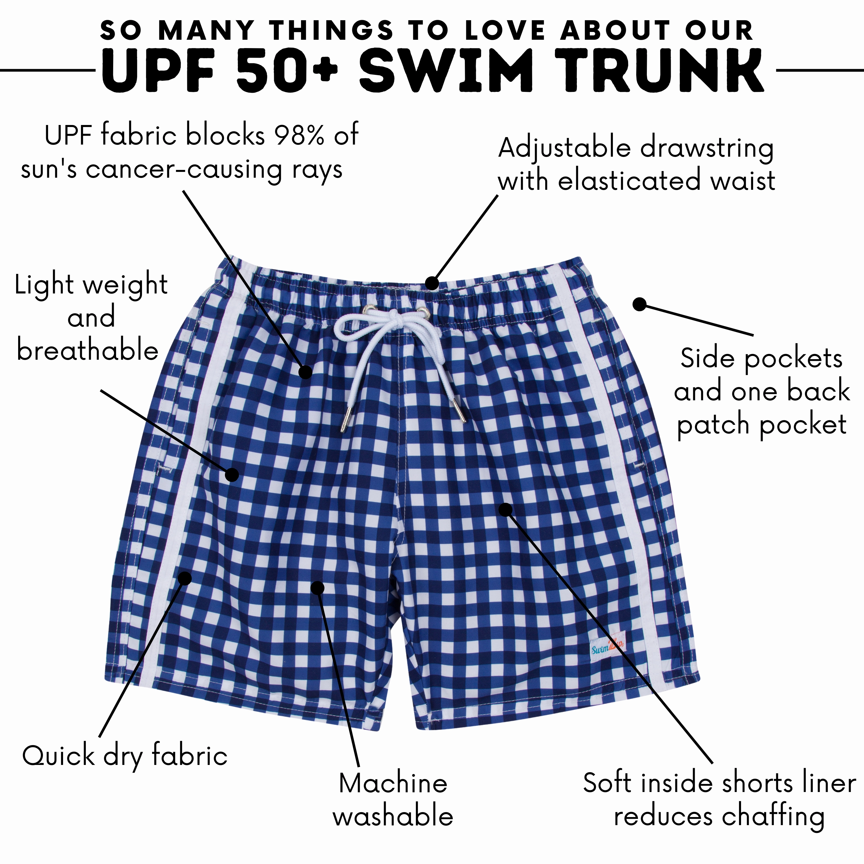Boys Swim Trunks Boxer Brief Liner (Sizes 6-14) | "Navy Gingham"
