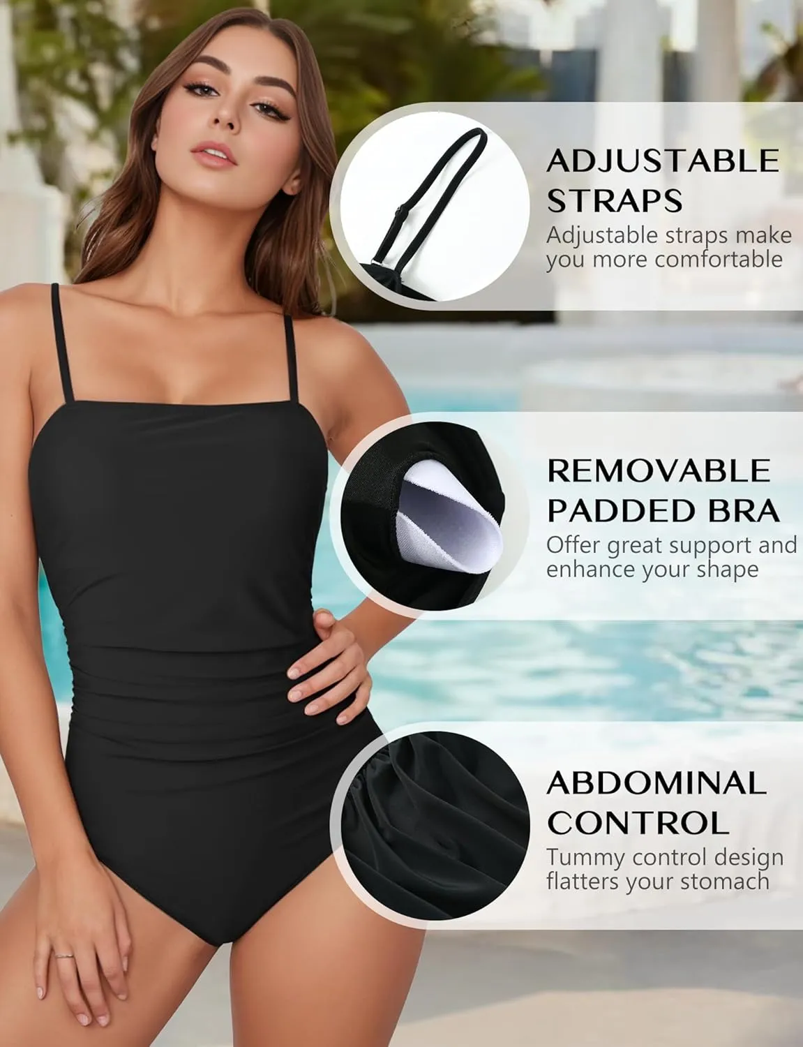Buauty Women's One Piece Swimsuits Tummy Control Bathing Suits for Women Square Neck Backless Ruched Push Up Swimwear