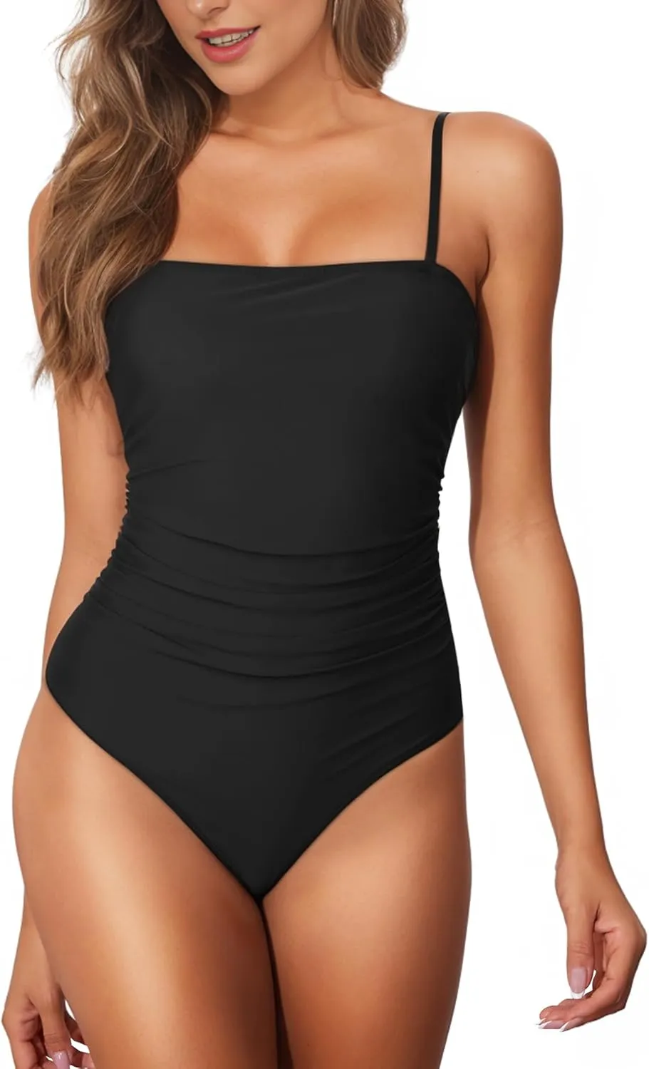 Buauty Women's One Piece Swimsuits Tummy Control Bathing Suits for Women Square Neck Backless Ruched Push Up Swimwear