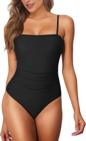 Buauty Women's One Piece Swimsuits Tummy Control Bathing Suits for Women Square Neck Backless Ruched Push Up Swimwear