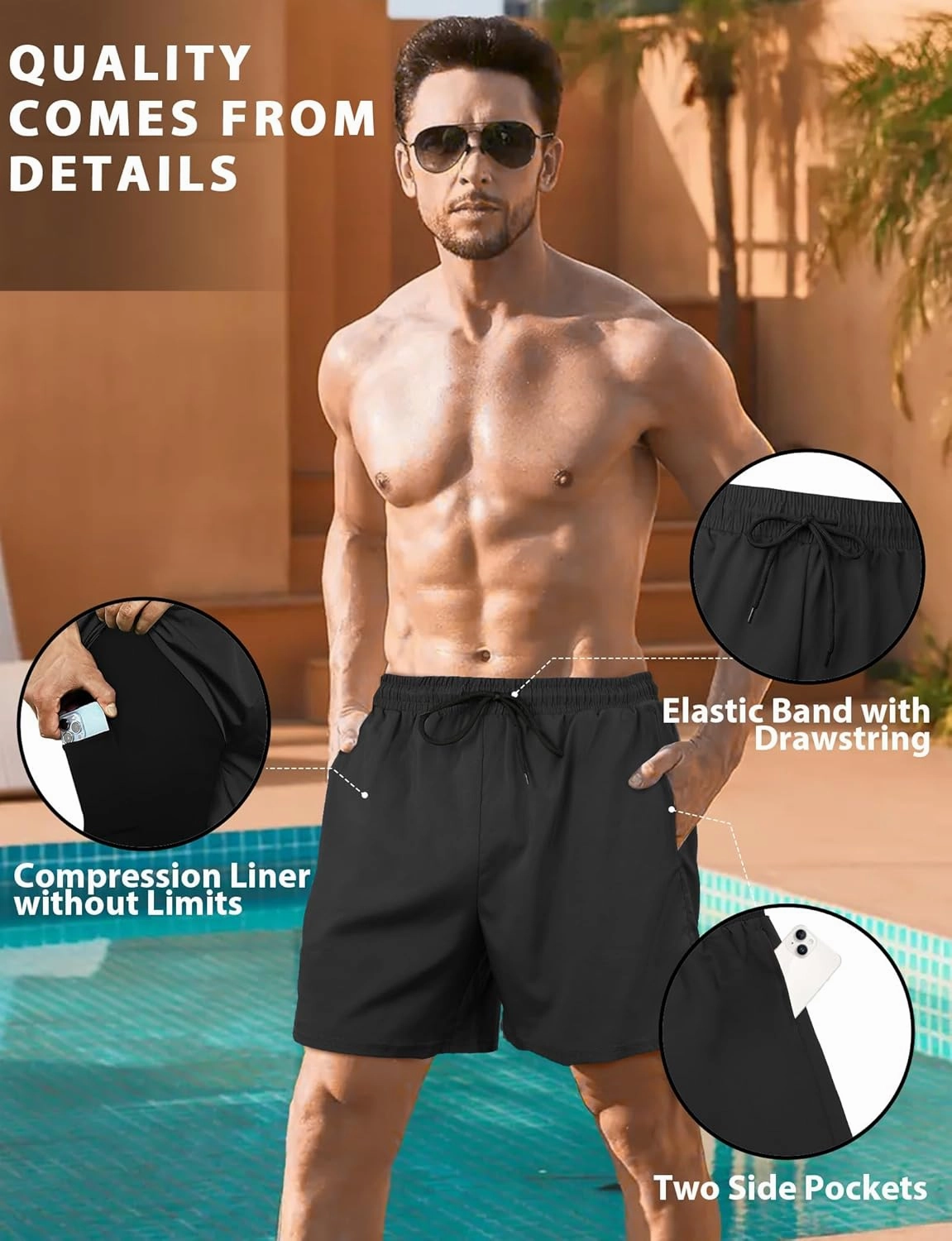 Buauty Mens Swim Trunks with Compression Liner 7 Inch Inseam Quick Dry Swim Shorts Mens Swimsuit Board Shorts with Pockets