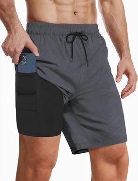 Buauty Mens Swim Trunks with Compression Liner 7 Inch Inseam Quick Dry Swim Shorts Mens Swimsuit Board Shorts with Pockets