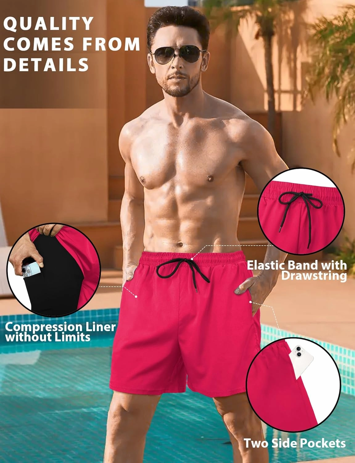 Buauty Mens Swim Trunks with Compression Liner 7 Inch Inseam Quick Dry Swim Shorts Mens Swimsuit Board Shorts with Pockets