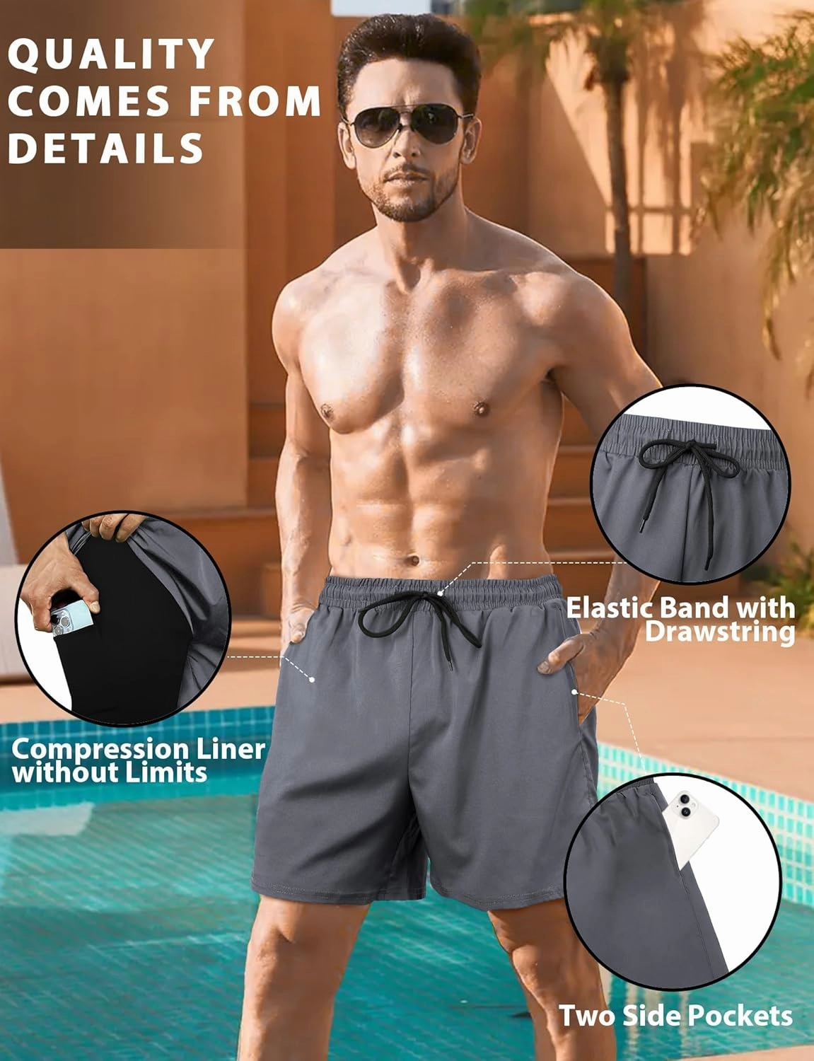 Buauty Mens Swim Trunks with Compression Liner 7 Inch Inseam Quick Dry Swim Shorts Mens Swimsuit Board Shorts with Pockets