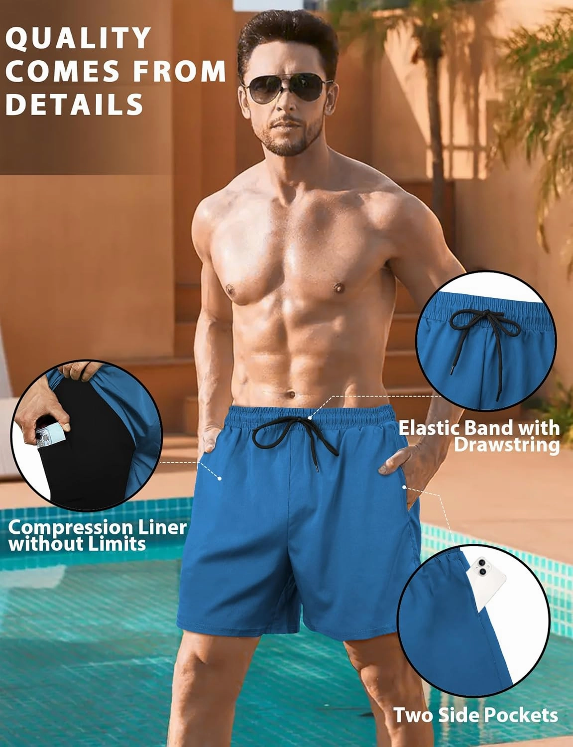 Buauty Mens Swim Trunks with Compression Liner 7 Inch Inseam Quick Dry Swim Shorts Mens Swimsuit Board Shorts with Pockets