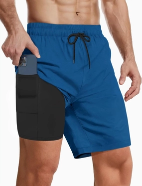 Buauty Mens Swim Trunks with Compression Liner 7 Inch Inseam Quick Dry Swim Shorts Mens Swimsuit Board Shorts with Pockets