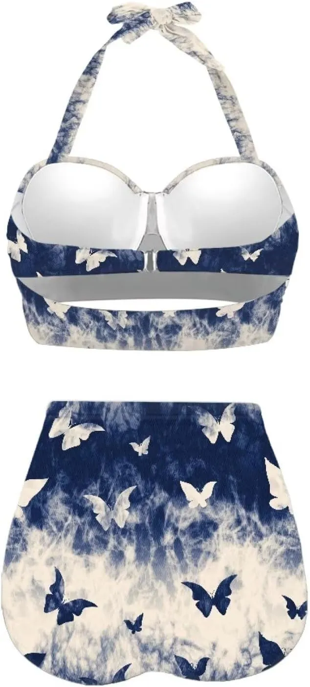 Butterfly Women's Retro Ruched Ruffle High Waist Bikini Set, Flag Tankini Swimsuits Tummy Control Swimwear