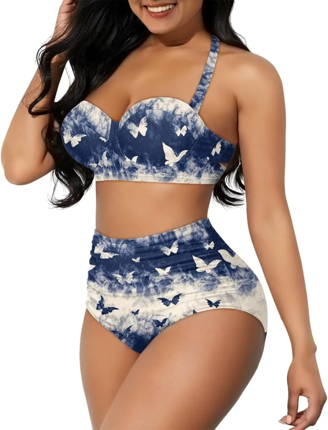 Butterfly Women's Retro Ruched Ruffle High Waist Bikini Set, Flag Tankini Swimsuits Tummy Control Swimwear