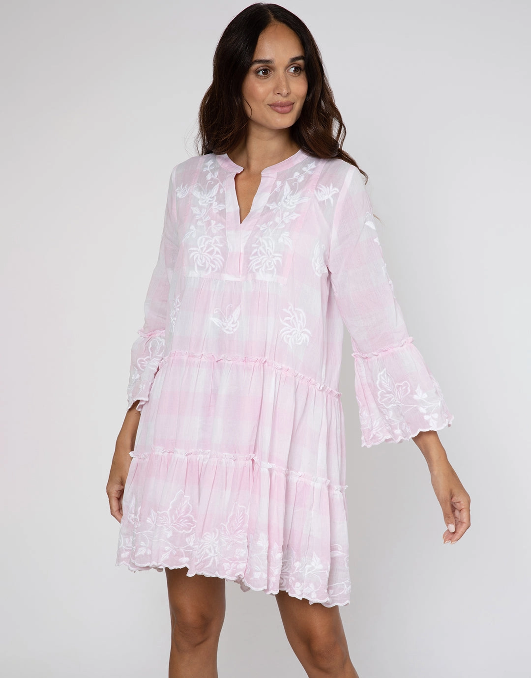 Butterfly Gingham Flared Sleeve Dress - Pink