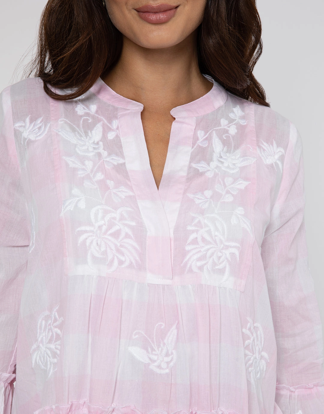 Butterfly Gingham Flared Sleeve Dress - Pink