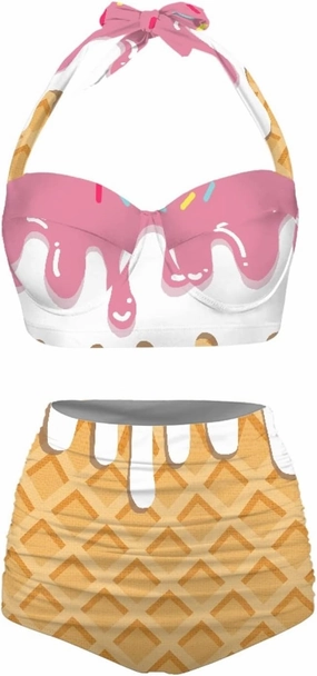 Butterfly Women's Retro Ruched Ruffle High Waist Bikini Set, Flag Tankini Swimsuits Tummy Control Swimwear