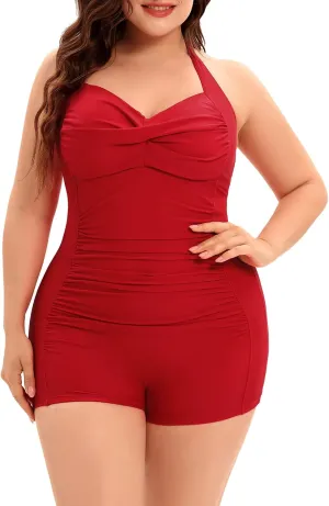 Century Star Plus Size Swimsuit for Women Tummy Control Boy-Leg One Piece Swimsuit Women's Vintage Push Up Bathing Suits