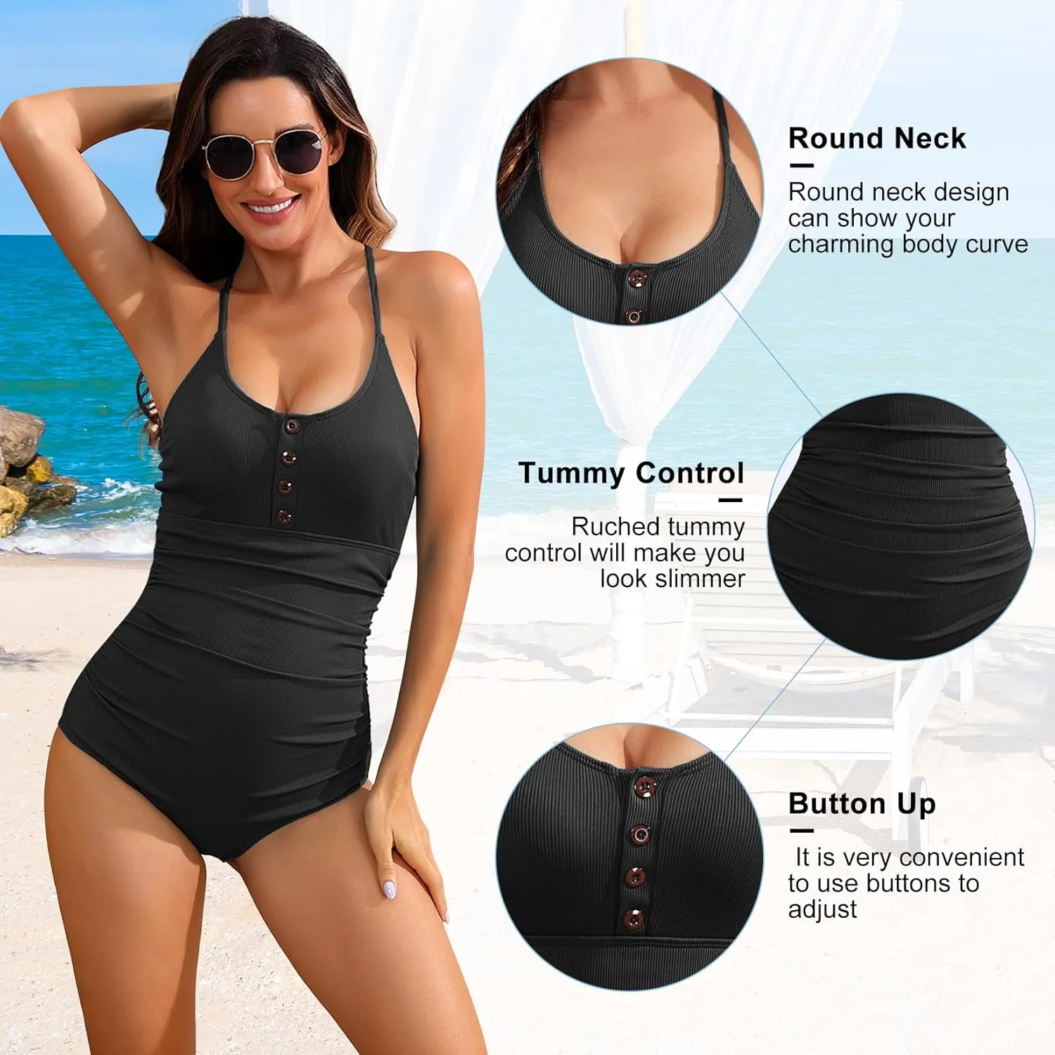 Century Star Ribbed One Piece Swimsuit for Women 2025 Tummy Control Vintage Bathing Suits Strap Swimwear with Button