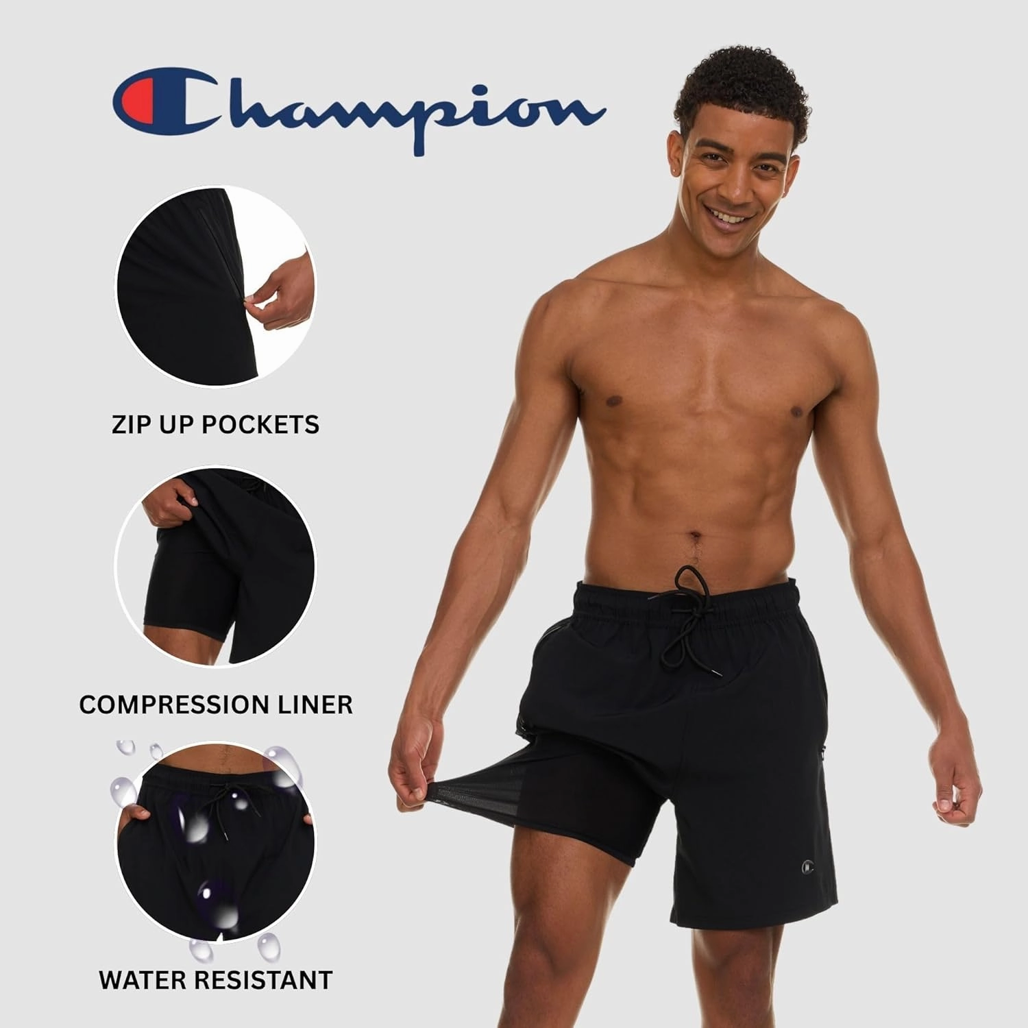 Champion Mens Swim Trunks with Compression Liner, 2 in 1 Mens Bathing Suit Shorts, 7 Inch Inseam Board Shorts for Swimming