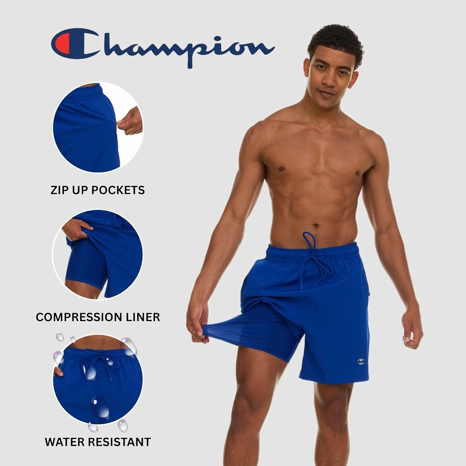 Champion Mens Swim Trunks with Compression Liner, 2 in 1 Mens Bathing Suit Shorts, 7 Inch Inseam Board Shorts for Swimming