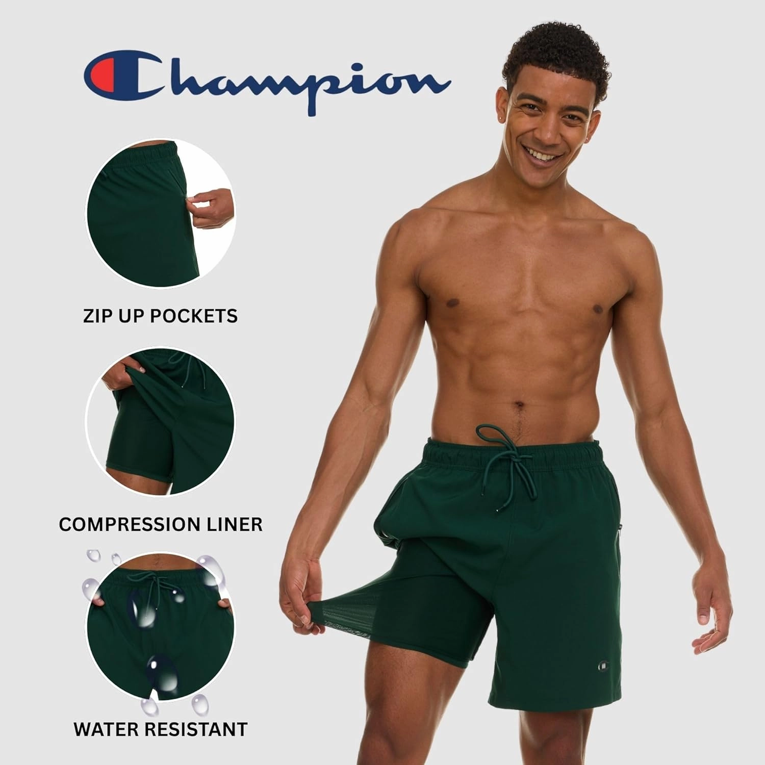 Champion Mens Swim Trunks with Compression Liner, 2 in 1 Mens Bathing Suit Shorts, 7 Inch Inseam Board Shorts for Swimming