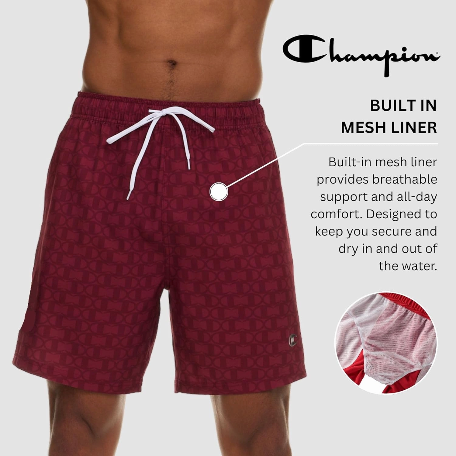 Champion Mens Swim Trunks with Mesh Liner, Quick Drying Mens Bathing Suit, Board Shorts for Swimming and Beach