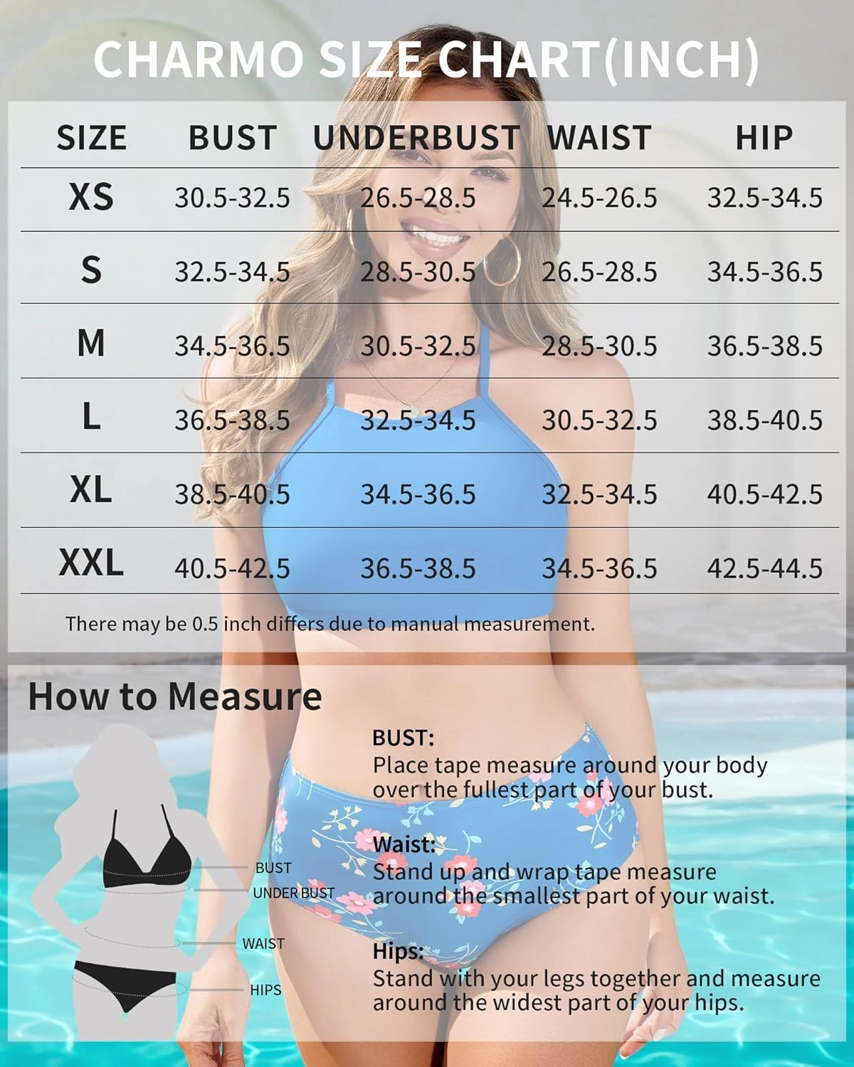 CharmLeaks Women's High Waisted Bikini Sets Sporty Two Piece Swimsuit Tummy Control Bathing Suit with Pockets