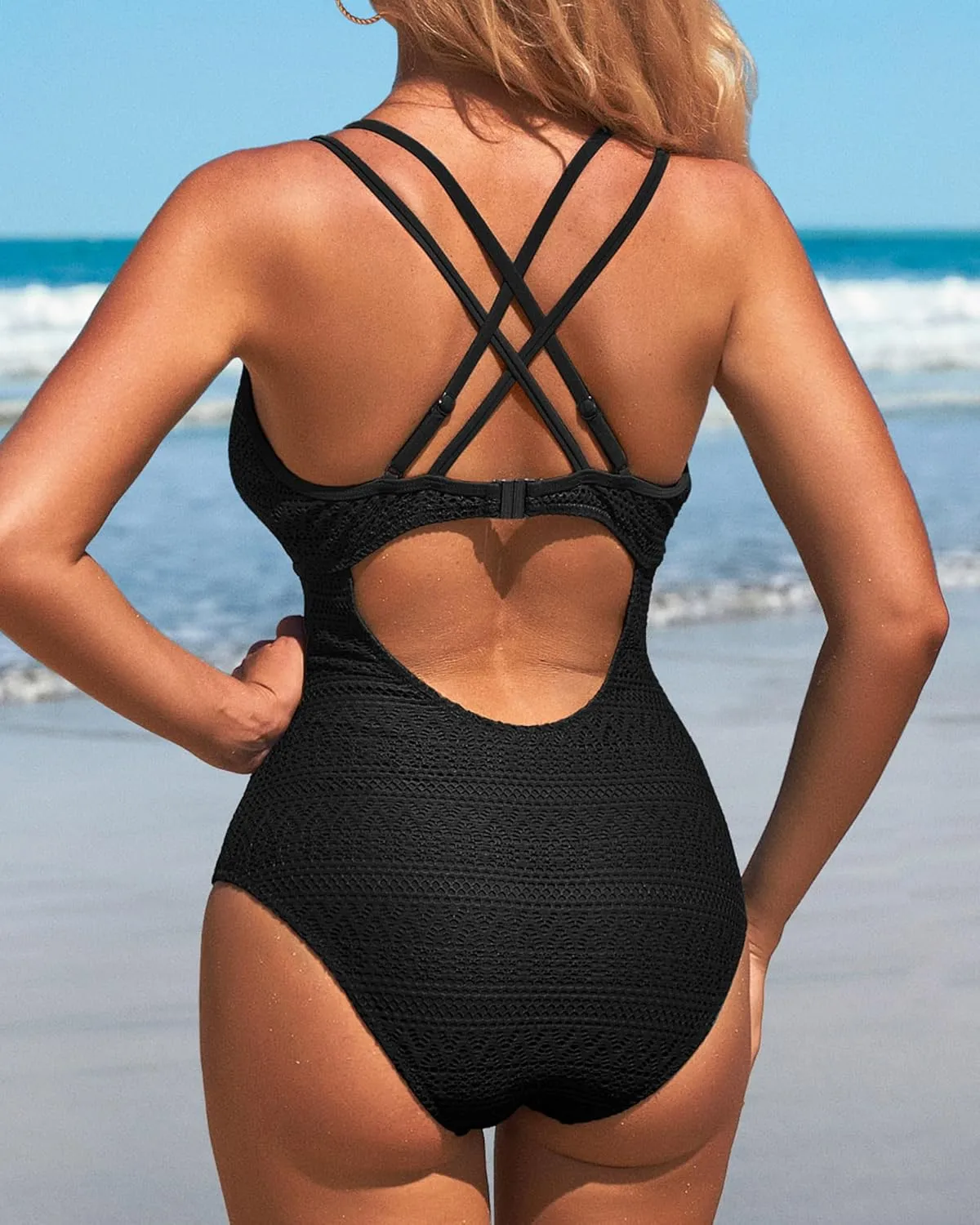 Charmo Crochet One Piece Swimsuits for Women V Neck Strappy Bathing Suit Hollow Out Monokini Swimwear