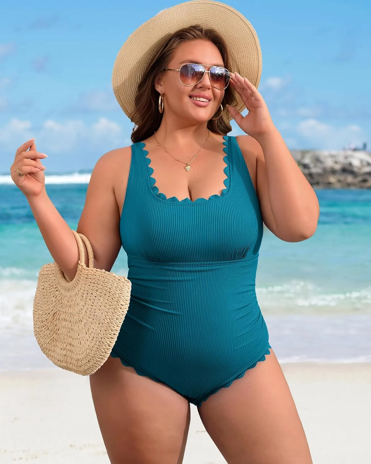 Charmo Plus Size Swimsuit for Women 2025 Tummy Control Scalloped Ribbed One Piece Swimsuits Ruched Modest Bathing Suit