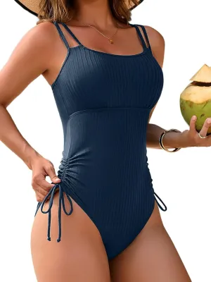 Charmo Ribbed One Piece Swimsuit Women High Cut Bathing Suit Tie Side Spaghetti Strap Modest Monikini Swimwear