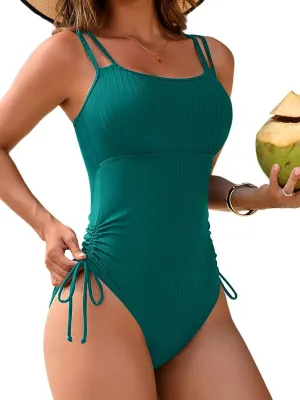 Charmo Ribbed One Piece Swimsuit Women High Cut Bathing Suit Tie Side Spaghetti Strap Modest Monikini Swimwear