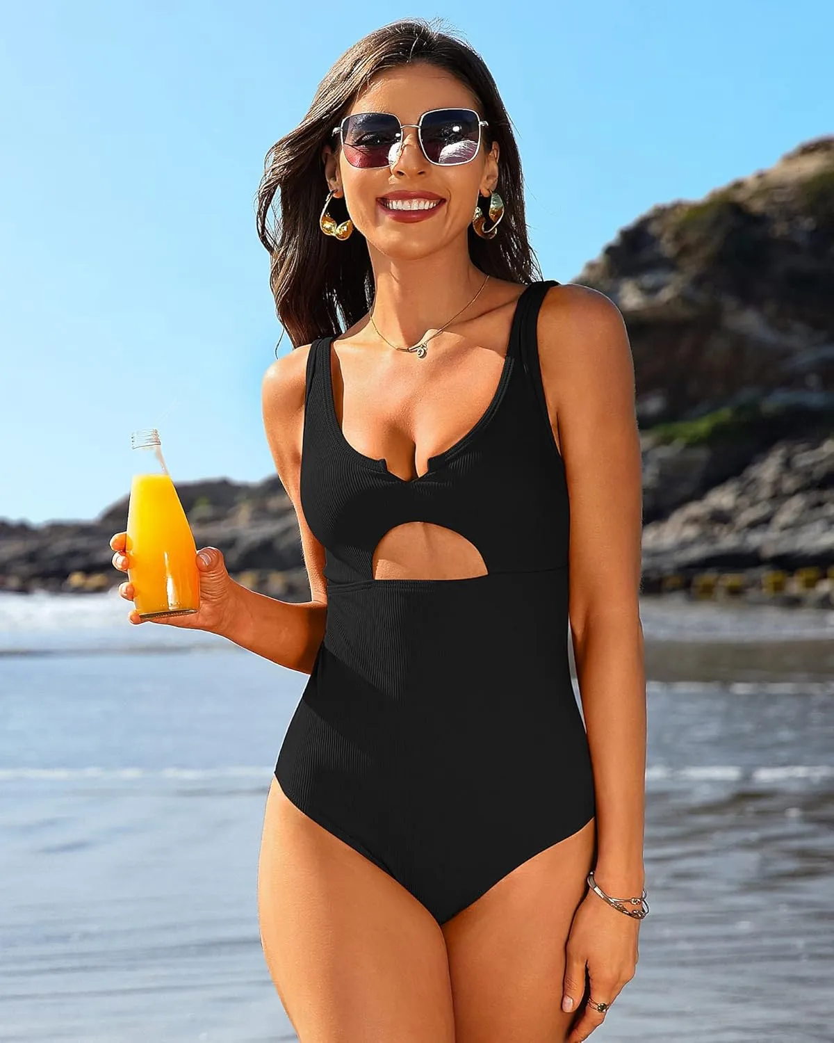 Charmo Ribbed One Piece Swimsuits for Women Cutout Scoop Neck Bathing Suit High Cut Padded Monokini