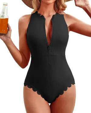 Charmo Scalloped Ribbed One Piece Swimsuit Zipper Racerback Bathing Suit Athletic Swimwear