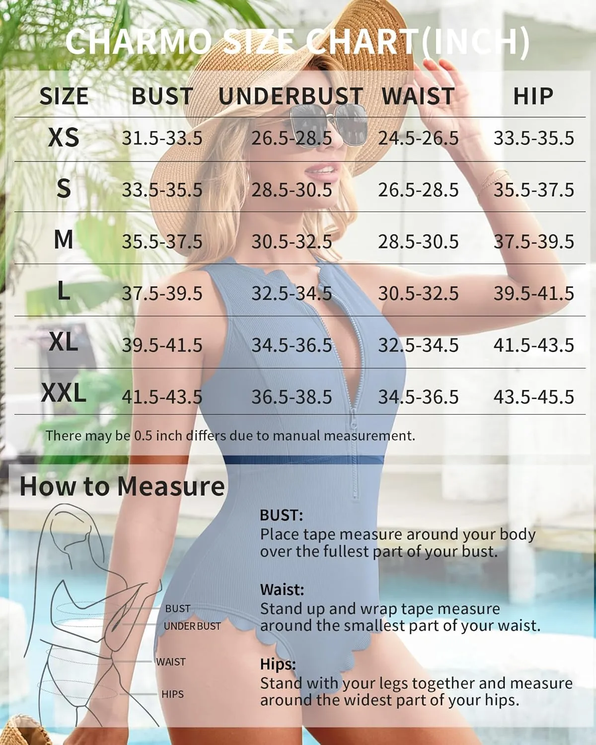 Charmo Scalloped Ribbed One Piece Swimsuit Zipper Racerback Bathing Suit Athletic Swimwear