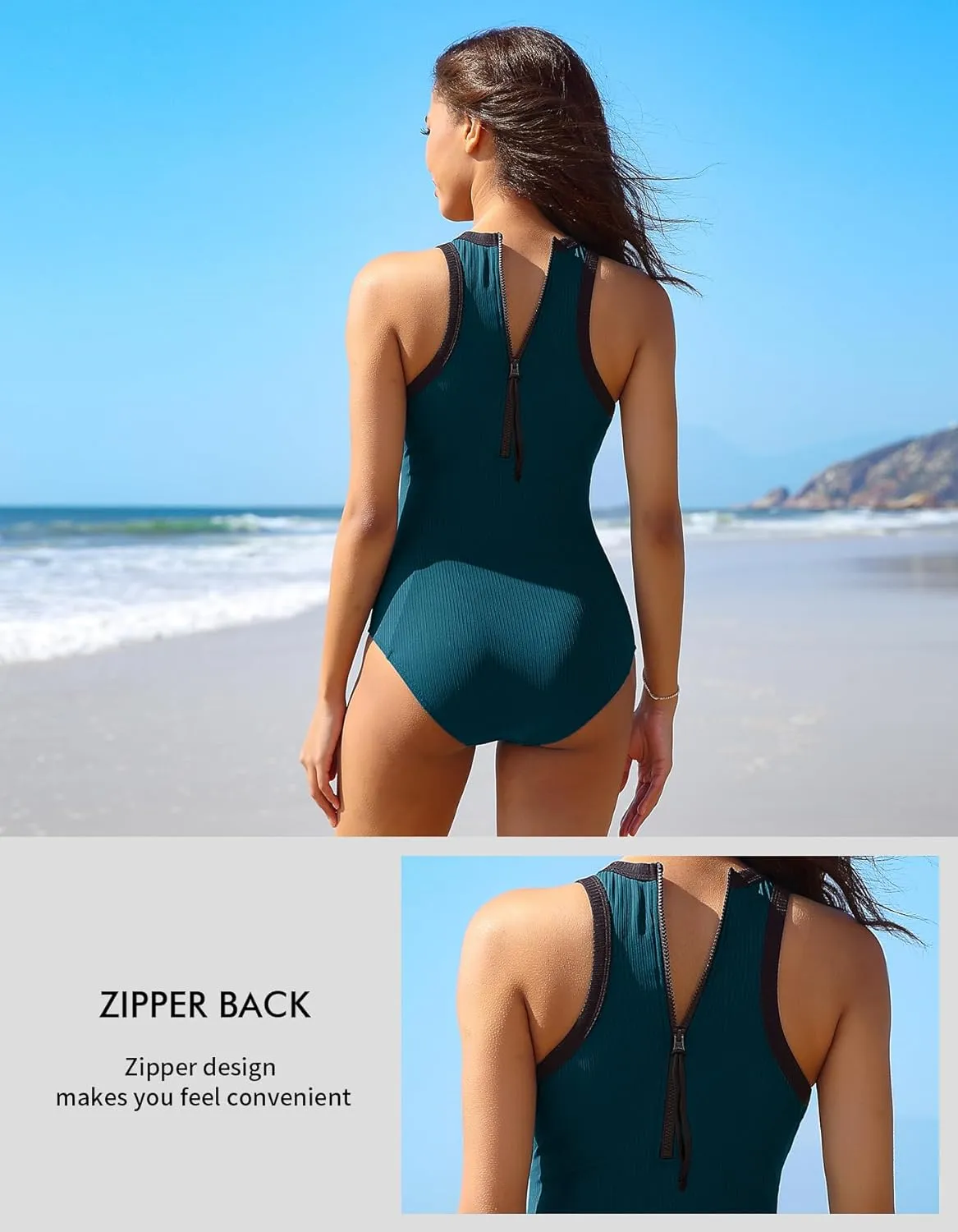 Charmo Women One Piece Swimsuit Zipper Back Ribbed Swimwear Sporty Racerback High Neck Bathing Suit