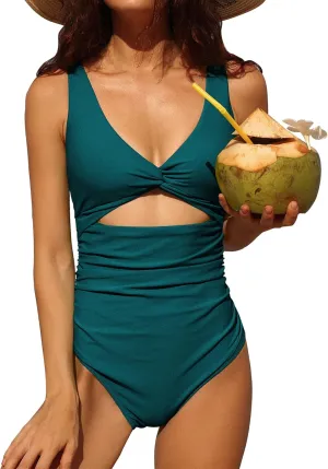 Charmo Womens One Piece Swimsuit Ruched Tummy Control High Cut Backless V Neck Bathing Suits Swimwear