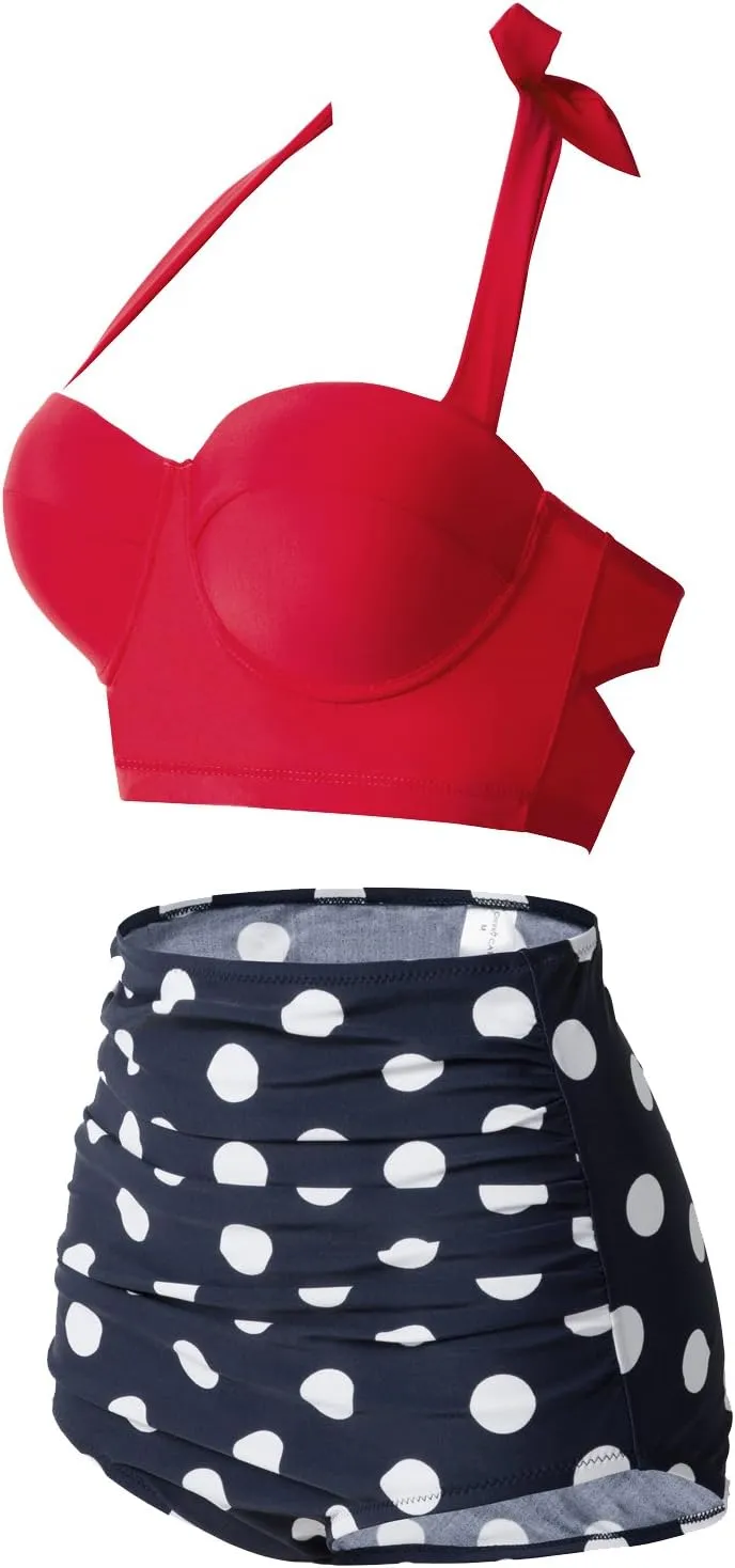 CHERRY CAT Womens Vintage Retro Polka High Waisted Underwire Bikini Two Piece Swimsuits