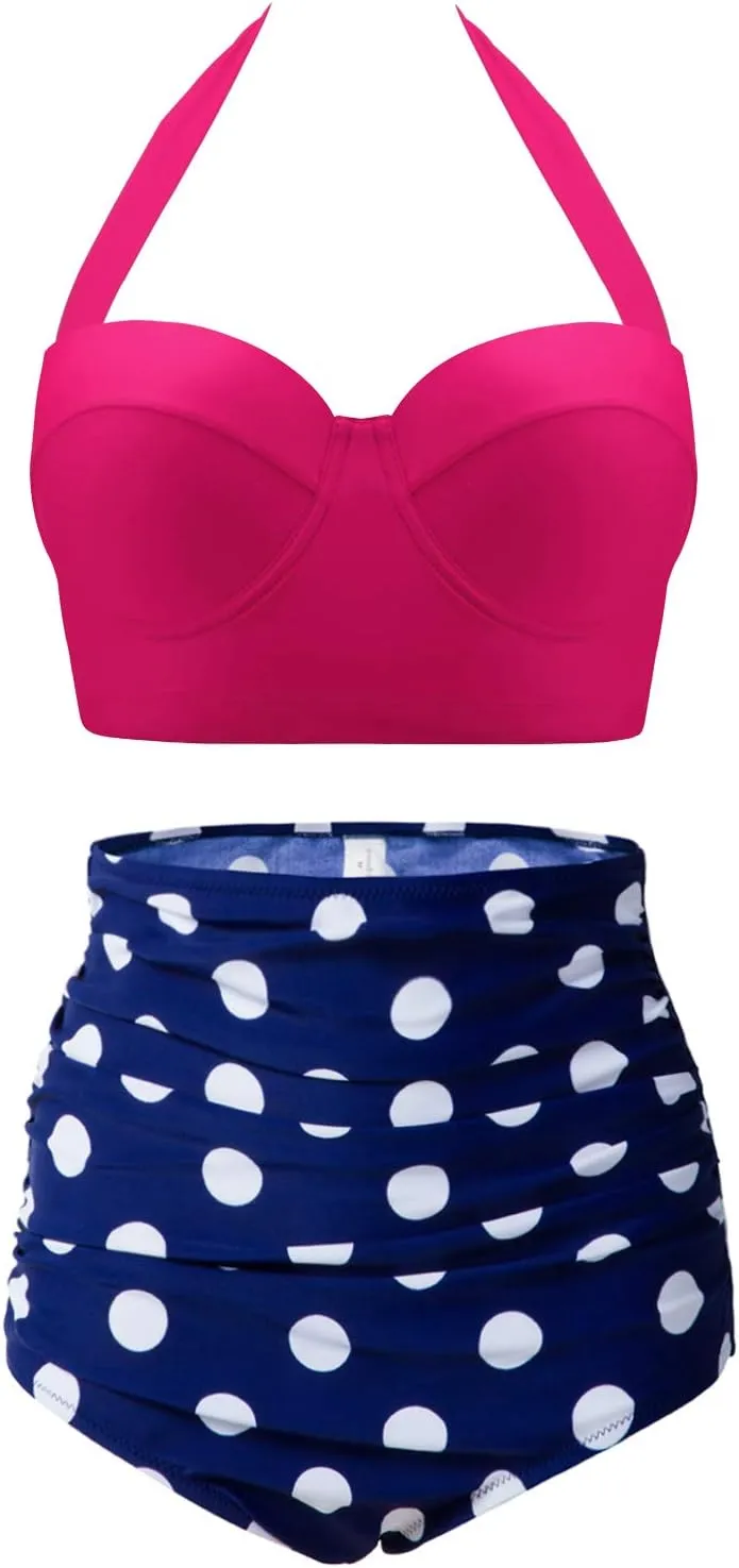 CHERRY CAT Womens Vintage Retro Polka High Waisted Underwire Bikini Two Piece Swimsuits