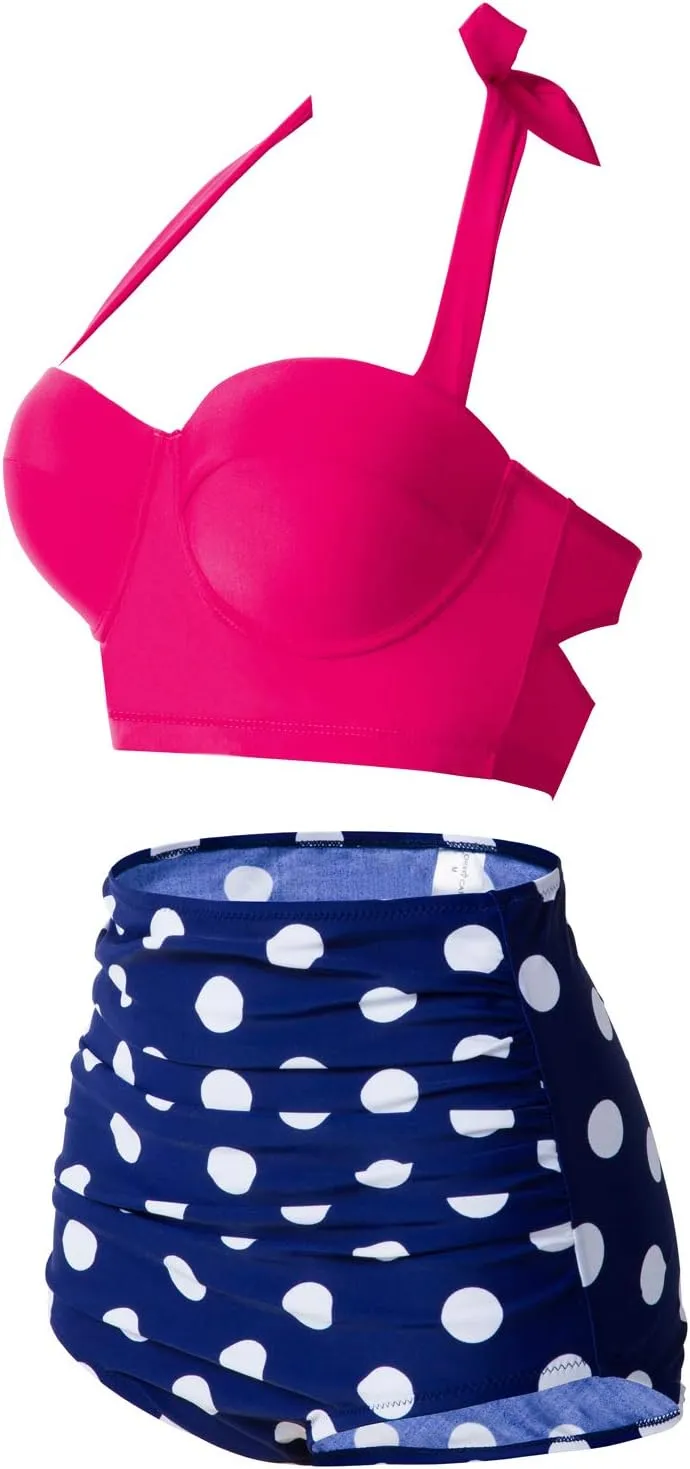 CHERRY CAT Womens Vintage Retro Polka High Waisted Underwire Bikini Two Piece Swimsuits