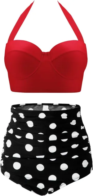 CHERRY CAT Womens Vintage Retro Polka High Waisted Underwire Bikini Two Piece Swimsuits