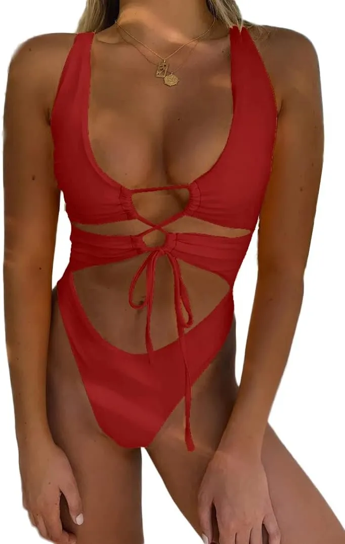 CHYRII Women's Sexy Cutout Lace Up Backless High Cut One Piece Swimsuit Monokini