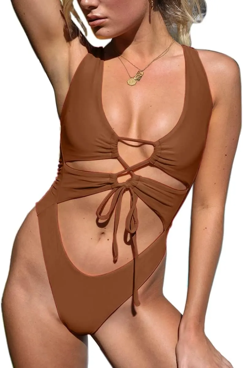 CHYRII Women's Sexy Cutout Lace Up Backless High Cut One Piece Swimsuit Monokini