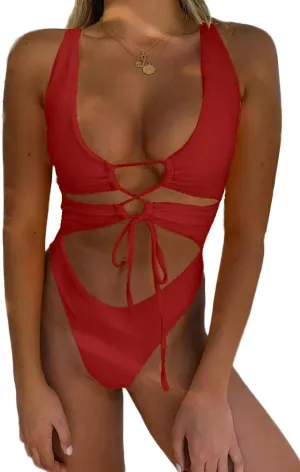 CHYRII Women's Sexy Cutout Lace Up Backless High Cut One Piece Swimsuit Monokini