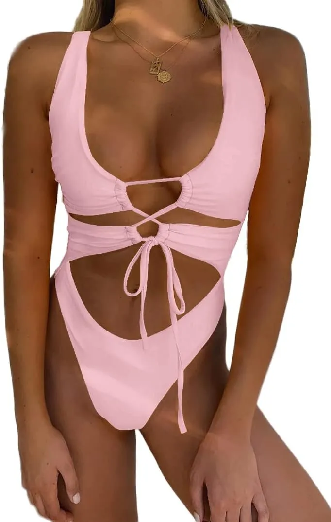 CHYRII Women's Sexy Cutout Lace Up Backless High Cut One Piece Swimsuit Monokini