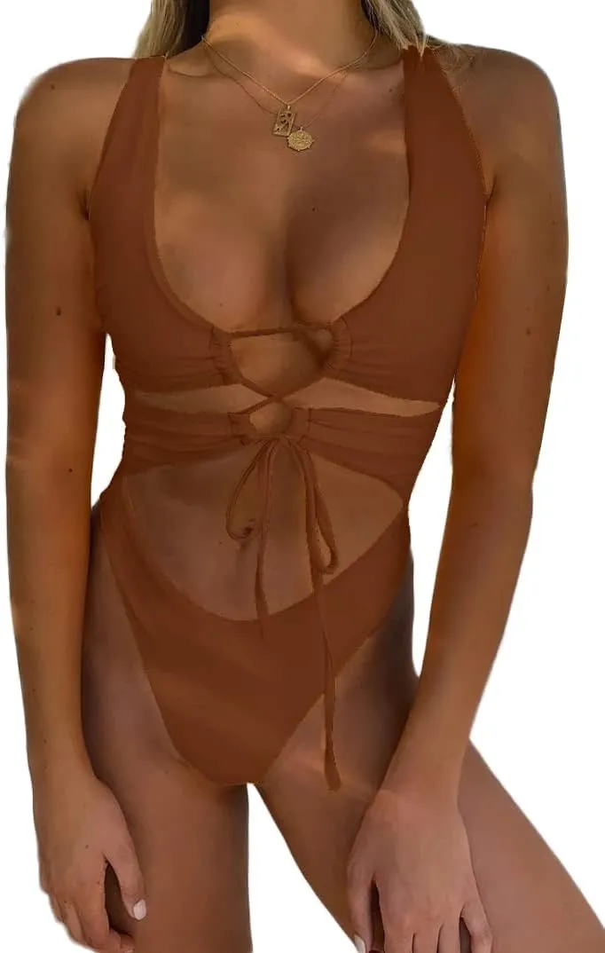 CHYRII Women's Sexy Cutout Lace Up Backless High Cut One Piece Swimsuit Monokini