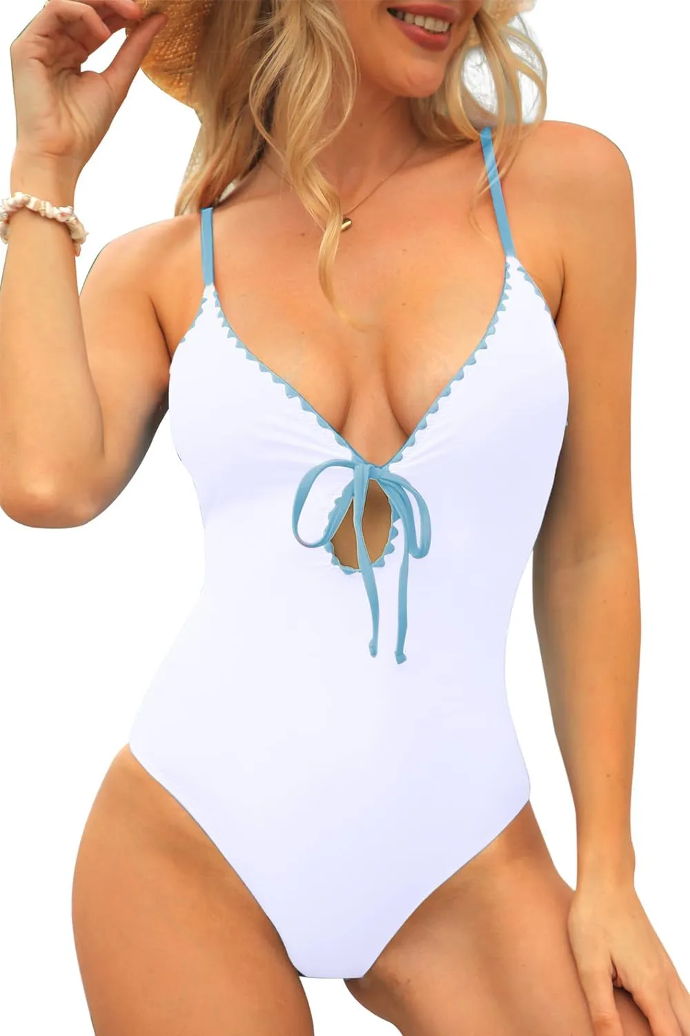CHYRII Women's Sexy Cutout Scalloped One Piece Swimsuit V Neck Bathing Suit Swimwear