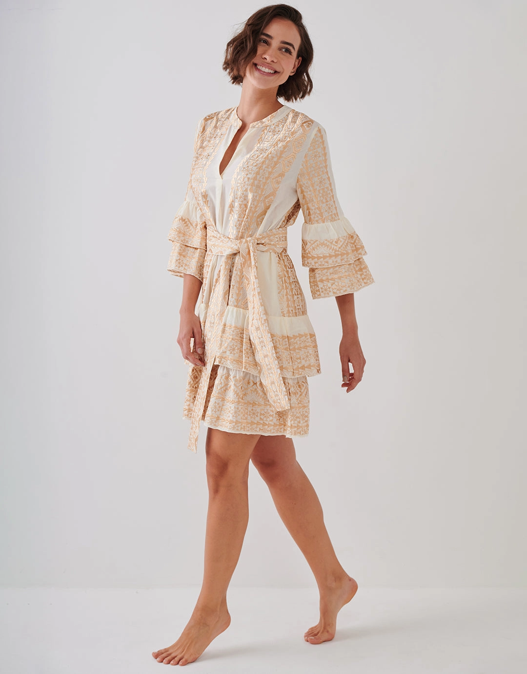 Classic Triangle Layered Mini Dress with Sash - Natural and Gold